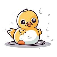 Cute little chick sitting on the ground and playing with water. vector