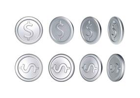 Set of  silver coin with dollar symbol. Rotation metallic money. Vector illustration