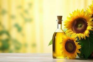 A bottle of sunflower oil and bright sunflowers. Copy space. Place for text. Horizontal format. AI Generated photo