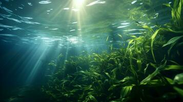 Underwater world of seaweed. Rays of the sun through the water. Horizontal format. AI Generated photo