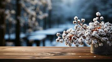 Wooden table and winter landscape background. Copy space. Place for text. Horizontal format. AI Generated photo