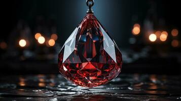 Red precious cut stone. Ruby pendant. Dark background. Macro photography. AI Generated photo