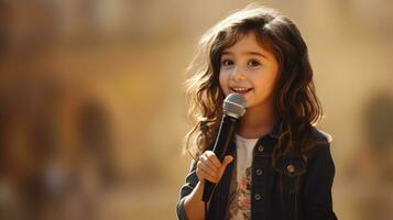 Little Girl with a microphone. Young singer. Copy space. Place for text. Horizontal format. AI Generated photo