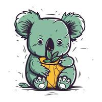 Cartoon koala holding a plant in a pot. Vector illustration.