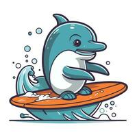 Cute cartoon dolphin on surfboard. Vector illustration isolated on white background.
