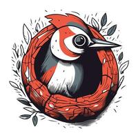 Hand drawn vector illustration of a woodpecker in a nest.