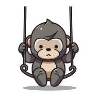 Cute monkey on swing character cartoon vector illustration. Funny monkey.