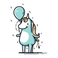 Cute unicorn with balloon. Vector illustration in line art style.