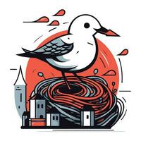 Vector illustration of seagull on a rope over the city.