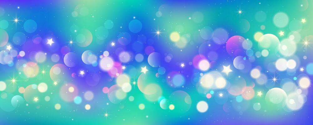 Glitter sky background. Holographic fantasy galaxy with stars. Magic unicorn space with bokeh. Gradient color vector backdrop. Wavy turquoise wallpaper.