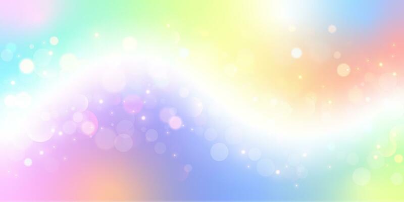Rainbow wavy unicorn background. Pastel color sky with glitter and bokeh. Kawaii gradient pattern. Soft fairy universe. Vector