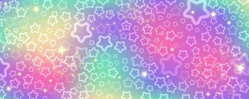 Rainbow sky with stars and bokeh. Kawaii fantasy background. Magic glitter space with iridescent texture. Abstract vector wallpaper