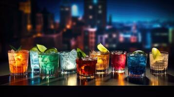 Various alcoholic cocktails on a wooden table. The city is in the background. Bar counter. AI Generated photo