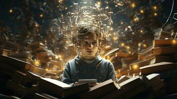 focused mind and books, digital art illustration, Generative AI photo