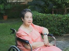 Happy Asian senior woman sitting on wheelchair  in the garden, smiling and looking at camera. photo