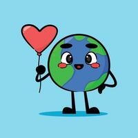 cute earth mascot holding a love balloon, cute vector mascot illustration.