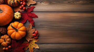 festivo otoño decoración de calabazas, bayas y hojas de madera antecedentes. ai generado foto