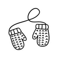 Cute knitted warm winter mittens on string. Vector doodle