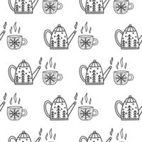 Seamless pattern with Christmas teapot and cup. Vector doodle