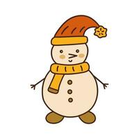 Cute snowman in scarf and red hat. Vector