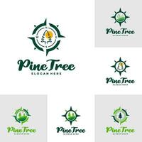 Set of Pine Tree with Compass logo design vector. Creative Pine Tree logo concepts template vector