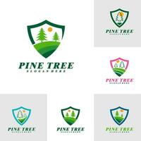 Set of Pine Tree with Shield logo design vector. Creative Pine Tree logo concepts template vector