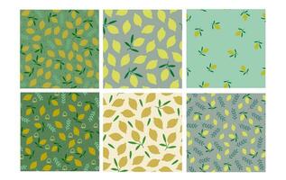 Vector set of seamless patterns with lemons, kitchen food pattern in green and beige colors. Juicy pattern