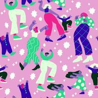 Seamless pattern with cool colorful people doodles with stars on pink. Colorful party characters dancing on pink. Cartoon neon people vector