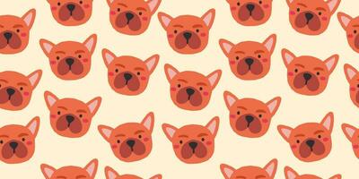 Vector seamless pattern with cute bulldog dog faces. Dog pattern on beige background.