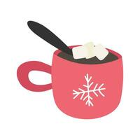 Hot chocolate cup with marshmallows, red with snowflake ornament. Christmas greeting card design element. Isolated vector illustration.