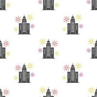 Building and fireworks seamless pattern on white background. vector