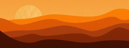 Wide Desert Sunset Landscape Color Halftone Dot Textured Vector Banner Illustration