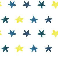 Star silhouettes with blue, yellow and turquoise paint texture. Watercolor illustration hand drawn in children's style. Seamless pattern on a white background. vector