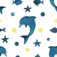 Silhouettes of a dolphin, fish, starfish and dots in blue, turquoise and yellow. Watercolor illustration, hand drawn in childish style. Seamless pattern on a white background vector