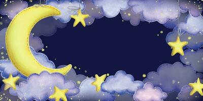 Night sky with a yellow moon, suspended stars and clouds sewn from fabric with thread stitches. Hand drawn watercolor illustration. Horizontal banner, frame, template on a dark blue background. vector