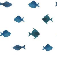Simple blue fish silhouettes. Watercolor illustration hand drawn in children's style. Seamless pattern on a white background. vector