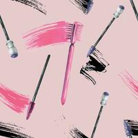 Brushes for combing eyelashes and eyebrows with a smear of black and pink paint, mascara. Watercolor illustration, hand drawn. Seamless pattern on a pink background vector