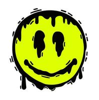 Sketch of a smile with paint streaks. Melting smile. Funny psychedelic surreal techno acid LSD. Vector emoji.