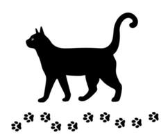 Black cat and his footprints. Vector isolated cat silhouette. Domestic animal. Home pet. Flat element for poster of zoo store, logo, print, decorative sticker