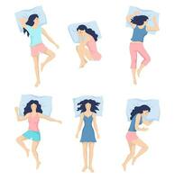 Woman sleep. Set. Female sleeping positions, vector illustration. Front, side, rear, top. lie on the tummy, sleep on one s side, lie supine. Beautiful cartoon women