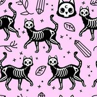 Seamless vector pattern with cute cat sugar skulls, cat skeletons and flowers and crystals on pink background. Cat Skull bone skeleton. Many witchcraft cats. Ghost Halloween, Day of the Dead.