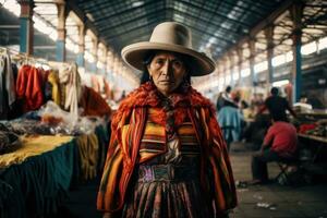 ai generado. boliviano cholita en un mercado foto
