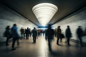 AI GENERATED. Urban subway, Busy station, blurred motion and large crowd photo