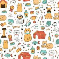 Pets seamless pattern with hand drawn elements. Pet shop clip art for wallpaper, wrapping paper, textile prints, scrapbooking, product design, etc. EPS 10 vector