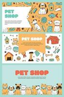 set of pet shop horizontal banners with copy space and doodles for vet clinics, pet shelters. Good for posters, prints, invitations, cards, leaflets, etc. EPS 10 vector