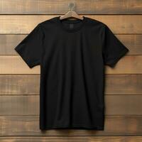 plain black t-shirt mockup with a hanger hanging on a wooden background, AI Generative photo