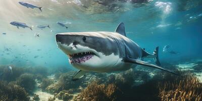 great white shark underwater with beautiful view photo