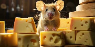 Cute mouse standing by eating delicious cheese AI Generative photo