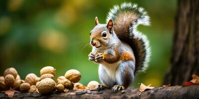 A cute squirrel sitting eating walnut kernels, AI Generative photo