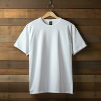 plain white t-shirt mockup with a hanger hanging on a wooden background, AI Generative photo
